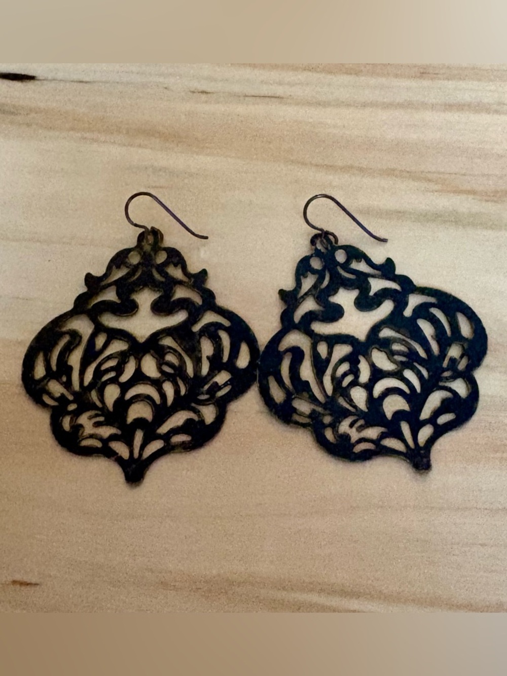 Intricate Patina Filigree Dangle Earrings - Black With Niobium Hooks